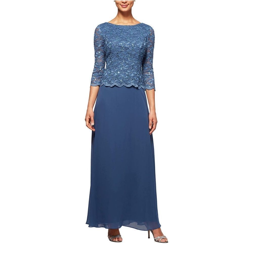 Alex Evenings Women's 3/4 Sleeve Stretch Lace Bodice Mock One Piece Gown size 12